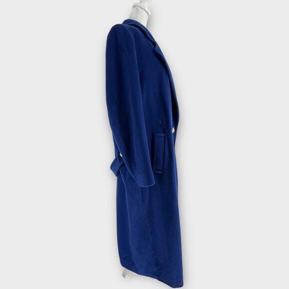 Vintage Jennifer Chase Royal Blue Long Wool Pea Trench Coat Pleated Back 14 - Picture 8 of 11
